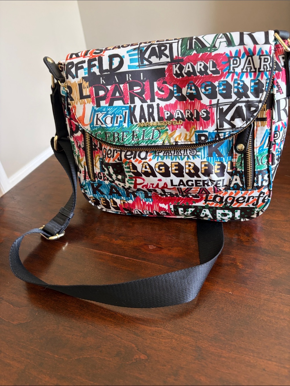 Karl Lagerfeld Multicolor Graphic Logo Messenger Bag with Black Strap